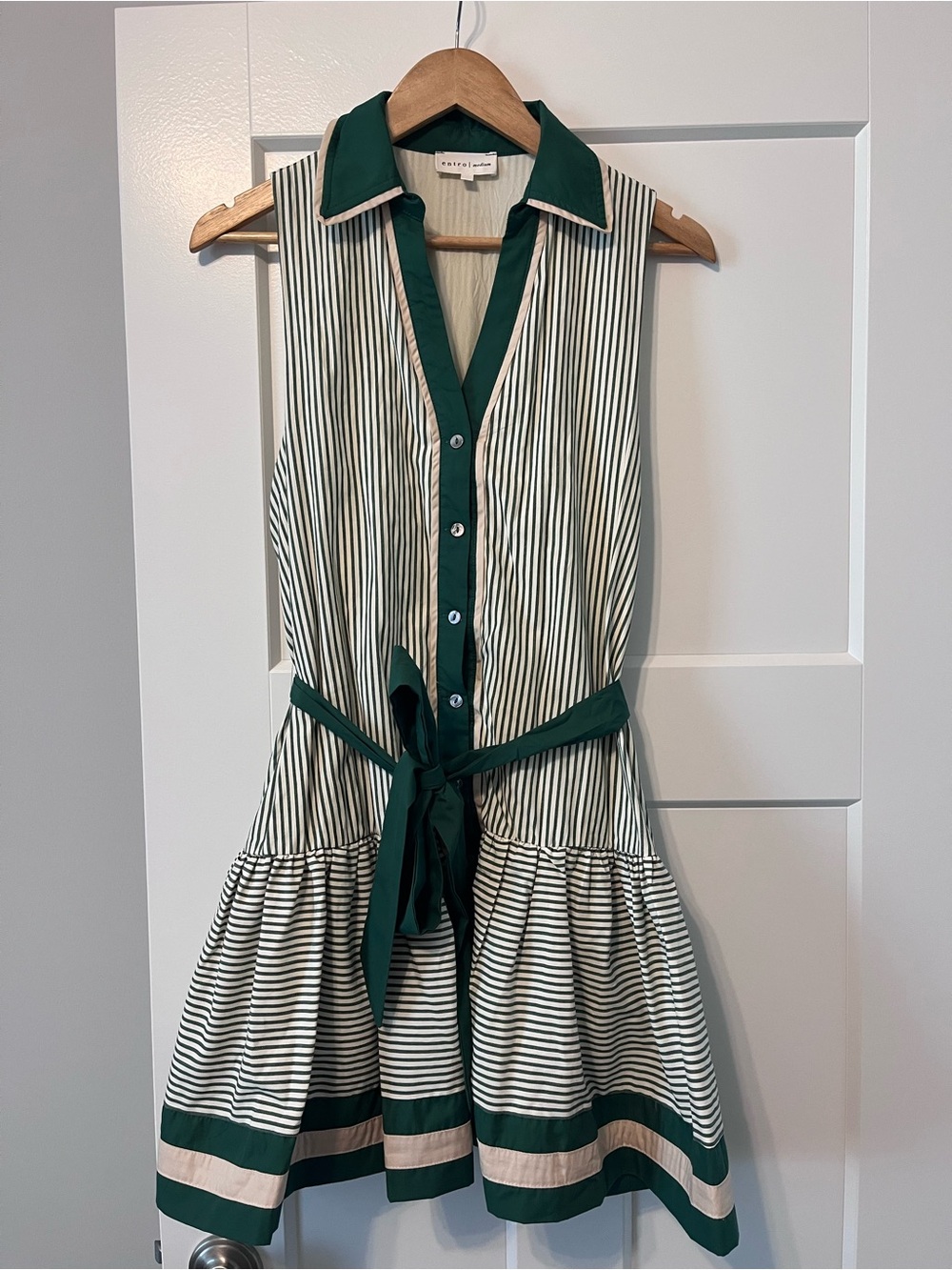 entro Sleeveless Striped Midi Dress with Dark Green Trim